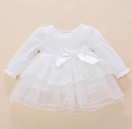 Baby Girls High Quality Hollow Out Lace Dress Newborn Princess Long Sleeve White Colour Party Bow Dress Spring Fall Clothing3239349