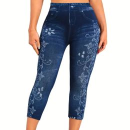 Womens Plus Size Sports Leggings Lady Oversize Denim Print Floral High Rise Skinny Slight Stretch Tight Pants 240411