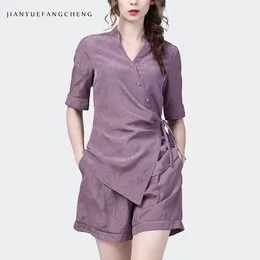 Work Dresses Vintage Jacquard Floral Women Summer 2 Pieces Set Short Sleeve Purple Top Shorts Soft Flowers Blouses Lace-up Shirts