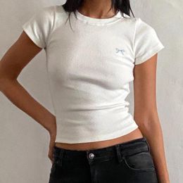 Women's T Shirts Round Neck Short Sleeve Crop Tops Cute Bow Embroidery Ribbed T-Shirts For Summer Streetwear