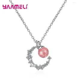 Chains Romantic Cute 925 Sterling Silver Exquisite Cubic Zirconia Moon&Strawberry Crystal Beads Pendant Necklace Womens Wedding Jewellery