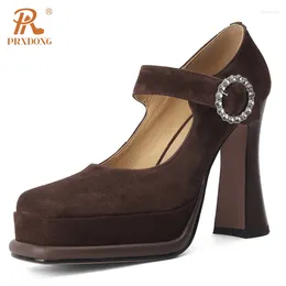 Dress Shoes PRXDONG 2024 Fashion Retro Genuine Leather High Heels Platform Black Brown Mary Janes Party Female Pumps Size 39