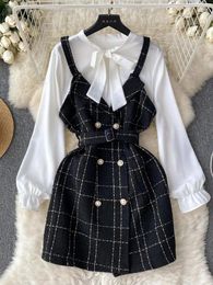 Work Dresses Women Retro Fashion Suit White Elegant Lantern Long Sleeve Bow Shirt Plaid Sling Belt Pearl Button Mini Dress Autumn Korean Set