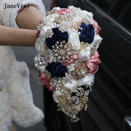 JaneVini Sparkly Crystal Small Waterfall Bridal Bouquets Burgundy Ivory Wedding Flowers Artificial Satin Roses Cascading Bouquet