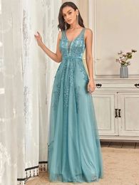 Elegant Evening Dresses Sleevesless V Neck Backless 2024 BAZIIINGAAA of Exquisite Beading ALINE Dusty Blue Bridesmaid 240401