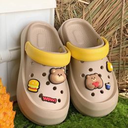 Sandals Hamburger Bear Summer EVA Thick Sole Perforated Shoe Women Wearing Elevated Soft DIY Solid Color Two Wear Home Slippers