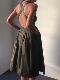 Casual Dresses Dress For Women Backless Cotton Linen Pleated A-Line Beach Sleeveless Sexy Solid Pockets Y2K Wedding Guest Midi