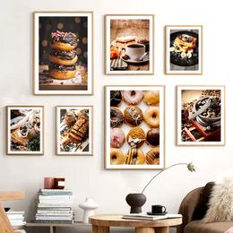 Chocolate Cake Pizza Coffee Beans Bread Doughnut Poster Wall Art Canvas Painting Nordic Pictures Restaurant Dessert Shop Decor