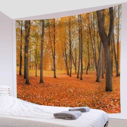 The Tapestries Forest Pathway Mountain Tapestry Sunset Autumn Fallen Leaves Hanging Art Nature Landscape Tapestry Decor Living Room Bedroom R0411