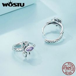 WOSTU 925 Sterling Silver Lotus Hoop Earrings Purple Crystal Flower Drop Earring Pendiente Party Jewellery Gift Hollow-out Brincos