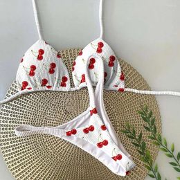 Women's Swimwear Women Bikini Set Leopard Print Halter Bra High Waist Lace-up Thong Cherry Brazilian Swimsuit Two For