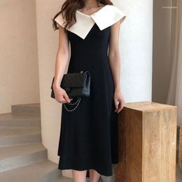 Casual Dresses Korean Chic Summer Fashionable Vintage Turn-down Collar Slimming Design Women Clothing Long Pleated Sleeveless Dress