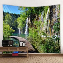 Blankets Natural landscape large tapestry wall hanging waterfall forest wooden bridge Bohemian room art decoration blanket hanging cloth