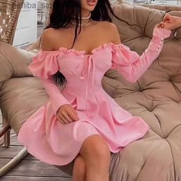 Sexy Skirt Short Skirt 2024 Spring and Summer for Women Casual Simple Long Sleeved Pink Off Shoulder Temperament Commuting Dress L410