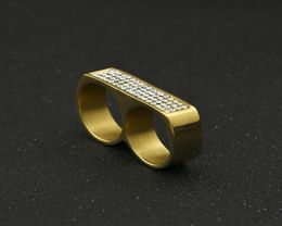 Mens Double Finger Ring Fashion Hip Hop Jewellery High Quality Iced Out Stainless Steel Gold Rings3811318