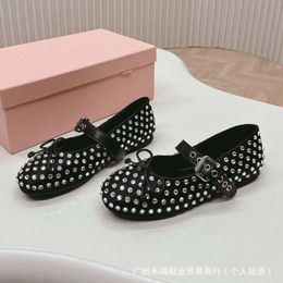 Miao Jia Mary Zhen Real Silk Hot Rolled Diamond One Line Buckle with Round Head Low Top Shallow Mouth Bow Ballet Dance Shoes Casual Single Shoes