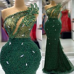 2024 Aso Ebi Arabic Mermaid Dark Green Prom Dress Crystals Sexy Evening Formal Party Second Reception Birthday Engagement Gowns Dresses Robe De Soiree ZJ363