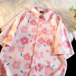Women's Blouses XEJ Japanese Harajuku Fashion Kawaii Shirt Pink Short Sleeved 2024 Summer Flower Top Oversized