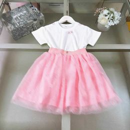 Brand baby tracksuits girls Dress kids designer clothes Size 90-150 CM Pink embroidered logo T-shirt and pink lace skirt 24April