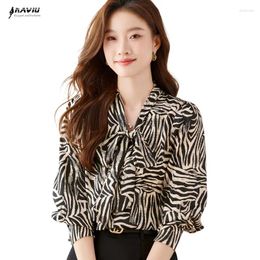 Women's Blouses NAVIU Vintage Elegant V Neck Zebra Stripes Fashion Bow Loose Long Sleeve Button Printing Shirt 2024 Spring Summer Women