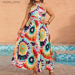 Basic Casual Dresses Women Plus Size Bohemian Beach Dress Tie Dye Summer Long Dress Thigh Tie Backless Halter Neck Maxi Dress Mixcolor Holiday Dress L49