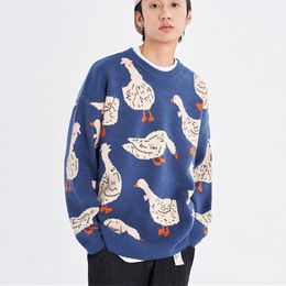 Ins American Hip Hop Duck Jacquard High Street Sweater Oversized Thicken Winter Clothes Harajuku Couples Pullover Kawaii Clothes