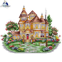 Joy Sunday Garden Villa Print Cross Stitch Kits Aida Fabric 16CT/14CT/11CT DIY Folk Craft Kit Needlework Handmade Embroidery Set