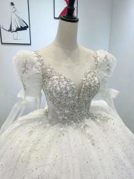 Custom Made Ball Gown Wedding Dresses Glitter Dubai Arabia Long Sleeves Beads Lace Appliqued Crystal Bridal Gowns Real Images 2024