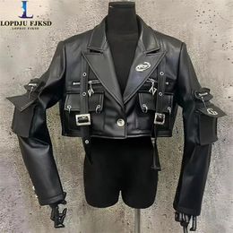 Women's Leather Coat For Women Metal Decorative Short PU Jacket V-Neck Clothes Casual High Quality American Autumn And Winter 2024
