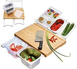 2023 Expandable Bamboo Cutting Board Set with Trays and LIDS for Kitchen Juice Trough Cutting Board Tools Storing Chopped Food
