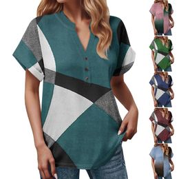 Women's T Shirts Fashionable Loose T-Shirts Summer V-Neck Button-Down Short Sleeved Casual Shirt Slim-Type Dressy Top Camisas E Blusas