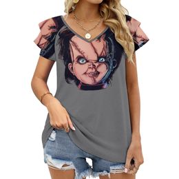 Chucky Ruffle Short Sleeve T-Shirt Women's V Neck Sexy Printed T Shirt Tops Chucky Child S Play Killer Doll Killer Doll Slasher