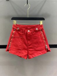 Women's Shorts 2024 Spring/Summer Red Zipper Split Casual Denim High Waist A-line Wide Leg Pants Slimming