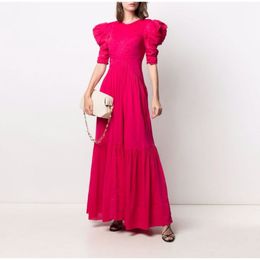 Women's dress red and blue crew neck bubble sleeves gathered waist backless midi dress