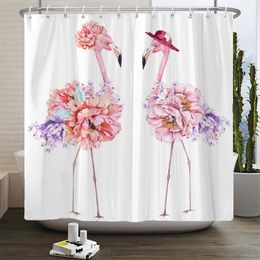 Nordic style Plants Pink Flamingo Bird Print Shower Curtain Bathroom Curtain Fabric Waterproof Polyester Bath Curtain with Hooks