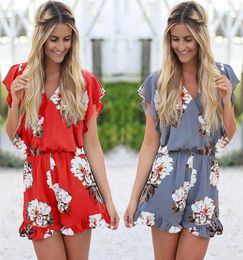 DHL Women039s Summer Sexy Floral Print Loose Casual Butterfly Sleeve Short Jumpsuits Ruffles Elastic Waist Romper with Belt9765895