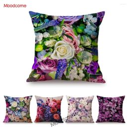 Pillow Spring Flower Art Purple Pink Rose Home Decoration Sofa Throw Cover Square Car 45x45cm Cotton Linen