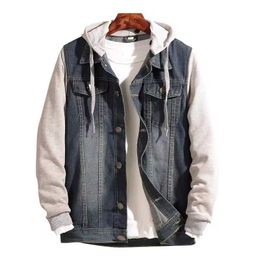 Men Hooded Denim Jacket Loose Outer Jeans Hoodies Stylish Contrast Colour Trendy for Custom Plus Size Stand