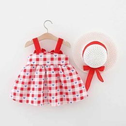 Girl's Dresses Girls Dress Summer Childrens Wear 2024 New Plaid Small Fresh Bow Halter A-line Skirt Cap 2024 Kids Clothes Girl