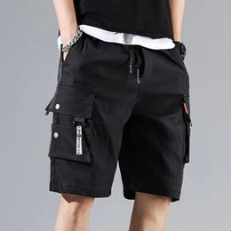 Mens Cargo Shorts Solid Colour Multiple Pockets Short Pants Summer Elastic Waistband Drawstring Casual Men 240409