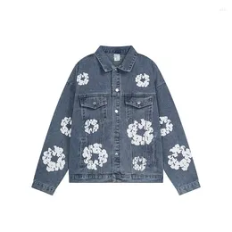 Men's Jackets Fashion High Street Floral Jeans Jacket Streetwear Flower Printed Denim Coat Loose Fit Y2K Cowboy Outerwear Tops