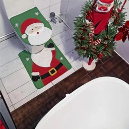 Carpets 2Pcs/Set Christmas Decorations Bathroom Supplies Cartoon Snowman Santa Elk Toilet Seat Cover And Rug Ornament