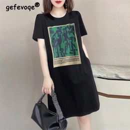 Korean Fashion Print Streetwear Cotton T Shirt Dresses for Women Summer Y2K Simple Casual Short Sleeve Loose Midi Dress Ropa 240411