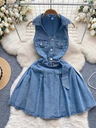 Casual Dresses Summer Temperament V Neck Denim Dress With Belt For Women Sleeveless Skinny A-line Vestidos Sexy Short Female