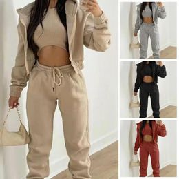 Women's Two Piece Pants 3Pcs/Set Women Coat Vest Set Hooded Thick Short Top Waist-exposed Pure Color Keep Warm Cardigan Elastic Waist Autumn