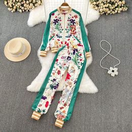 Women's Two Piece Pants Fashion Suit Women Retro Positioning Printed Casual Jacket Baseball Uniform Two-Piece High Waist Ankle-Tied