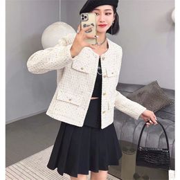 New Autumn Winter Vintage Off-white Tweed Weave Jacket Coat Women Small Fragrance Korean Tassel Woollen Coats Elegant Outerwear