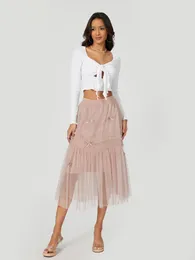 Skirts Womens Spring Summer Midi Skirt Ruffle Trim Bow Decor Pleated Flowy A-Line For Travel Beach Shopping