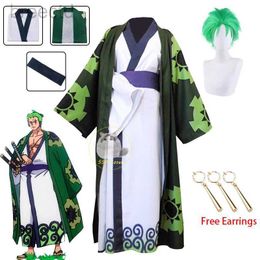 Anime Costumes Anime Roronoa Zoro Cosplay Costume Wano Kuni Country Kimono Robe Zoro Wig Earrings Outfits Halloween Carnival Costume for Men 240411