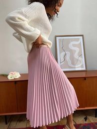 Skirts Chic Pleated Long 2024 Elastic Waist French Elegant Women For Spring Fall A-line Casual Retro Lady